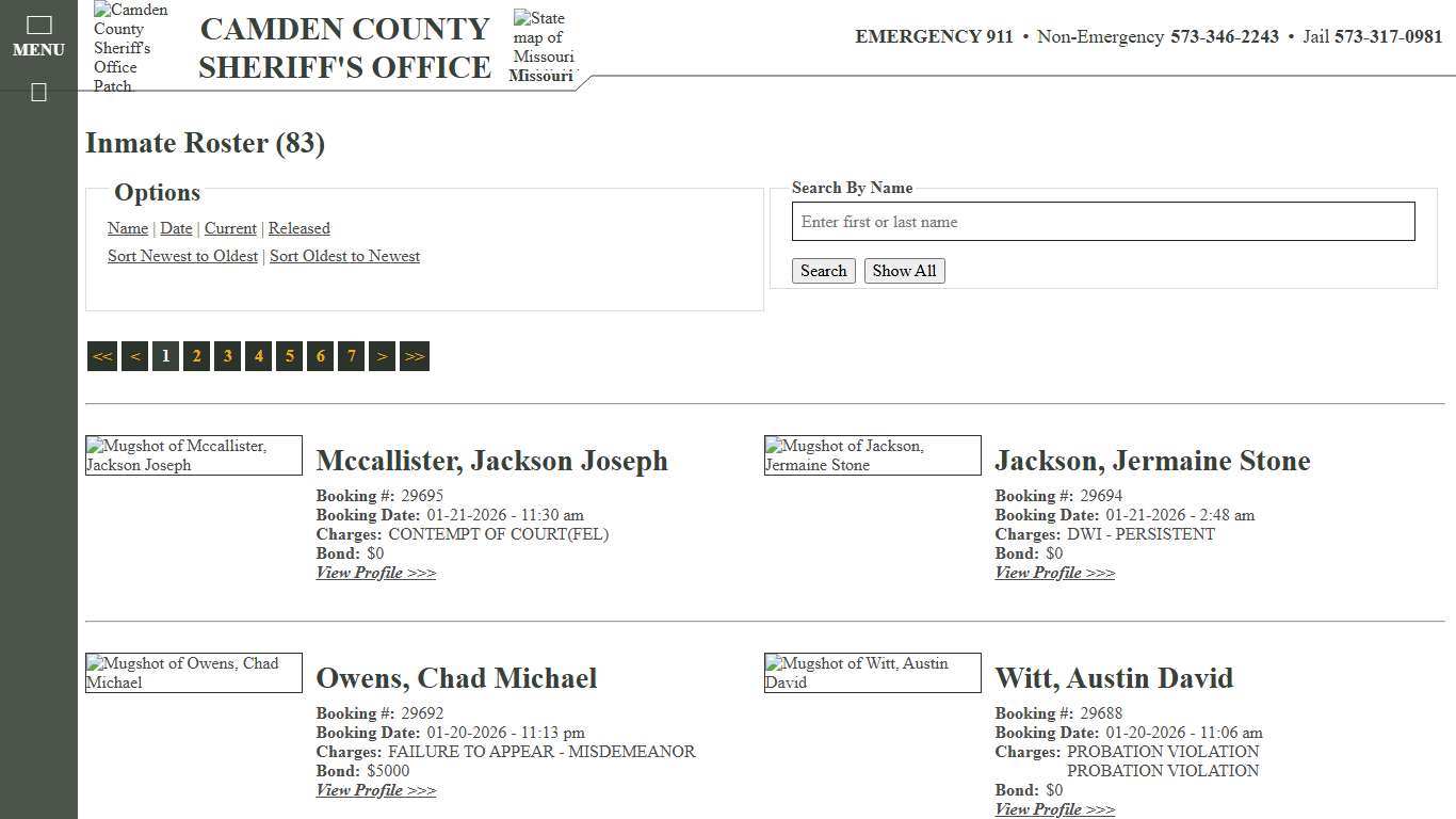 Inmate Roster - Current Inmates Booking Date Descending - Camden County Missouri Sheriff's Office